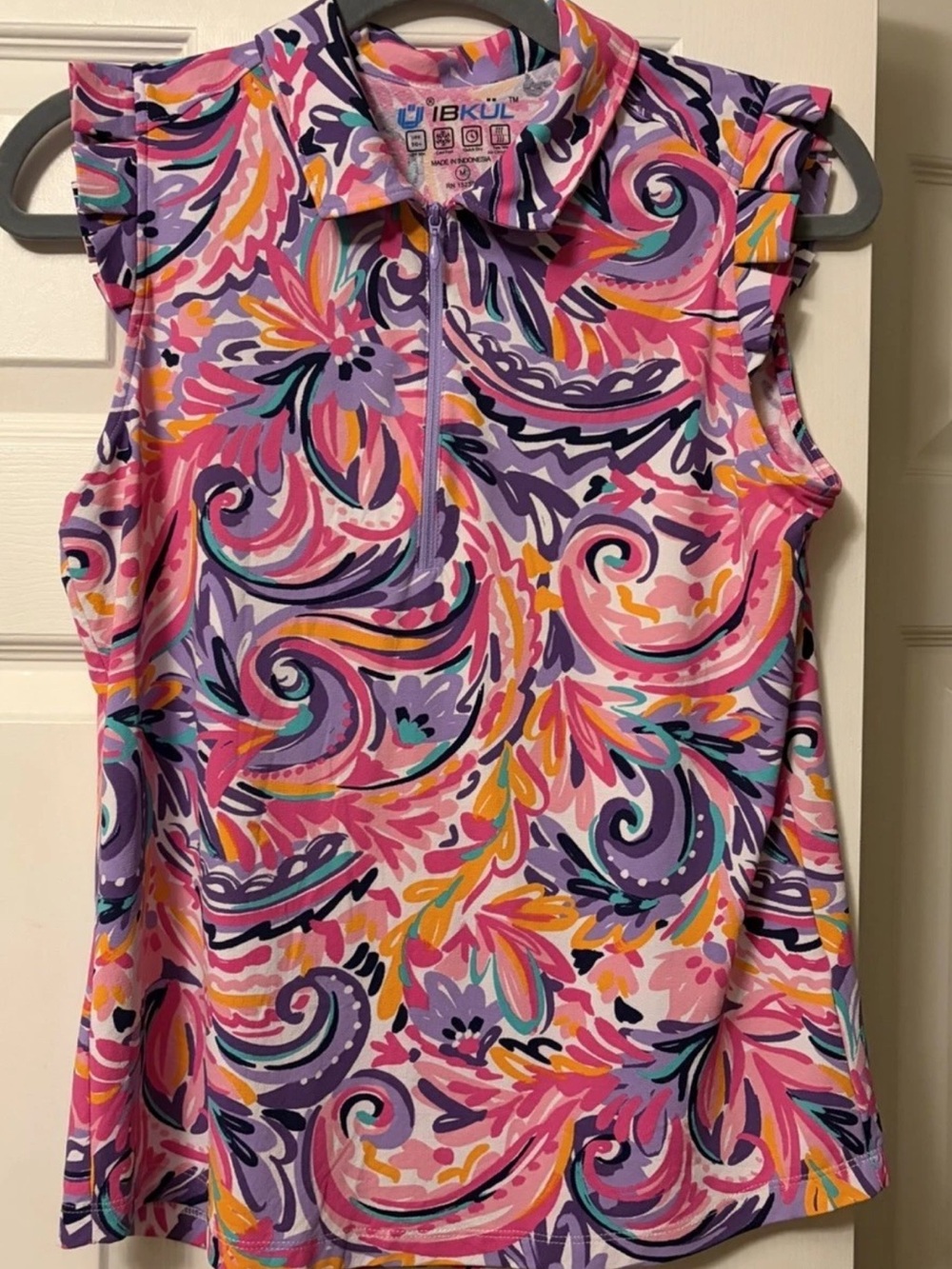 IBKUL Women's Aubrey Plum Multi Ruffle Sleeveless Golf
Shirt Size M